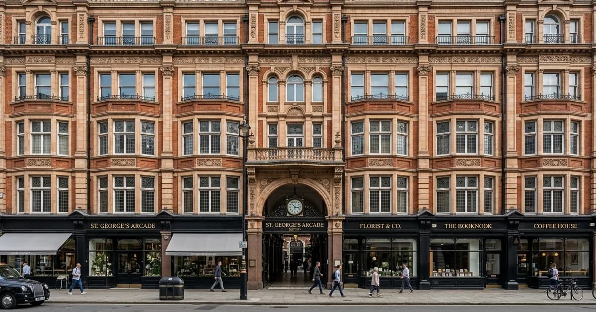 A photorealistic AI-generated image of a Victorian arcade building, illustrating how convincing synthetic images can appear to the naked eye