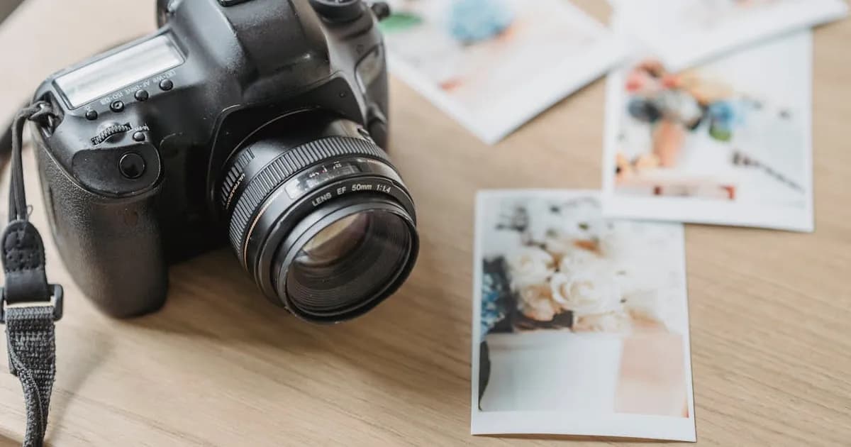 A DSLR camera with printed photos on a table, illustrating photo metadata and EXIF data